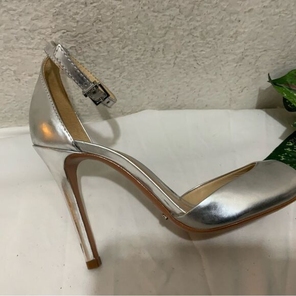 Schutz Saasha Lee Metallic Leather Open Toe Ankle Strap Heels Silver Size 7 - Picture 5 of 16